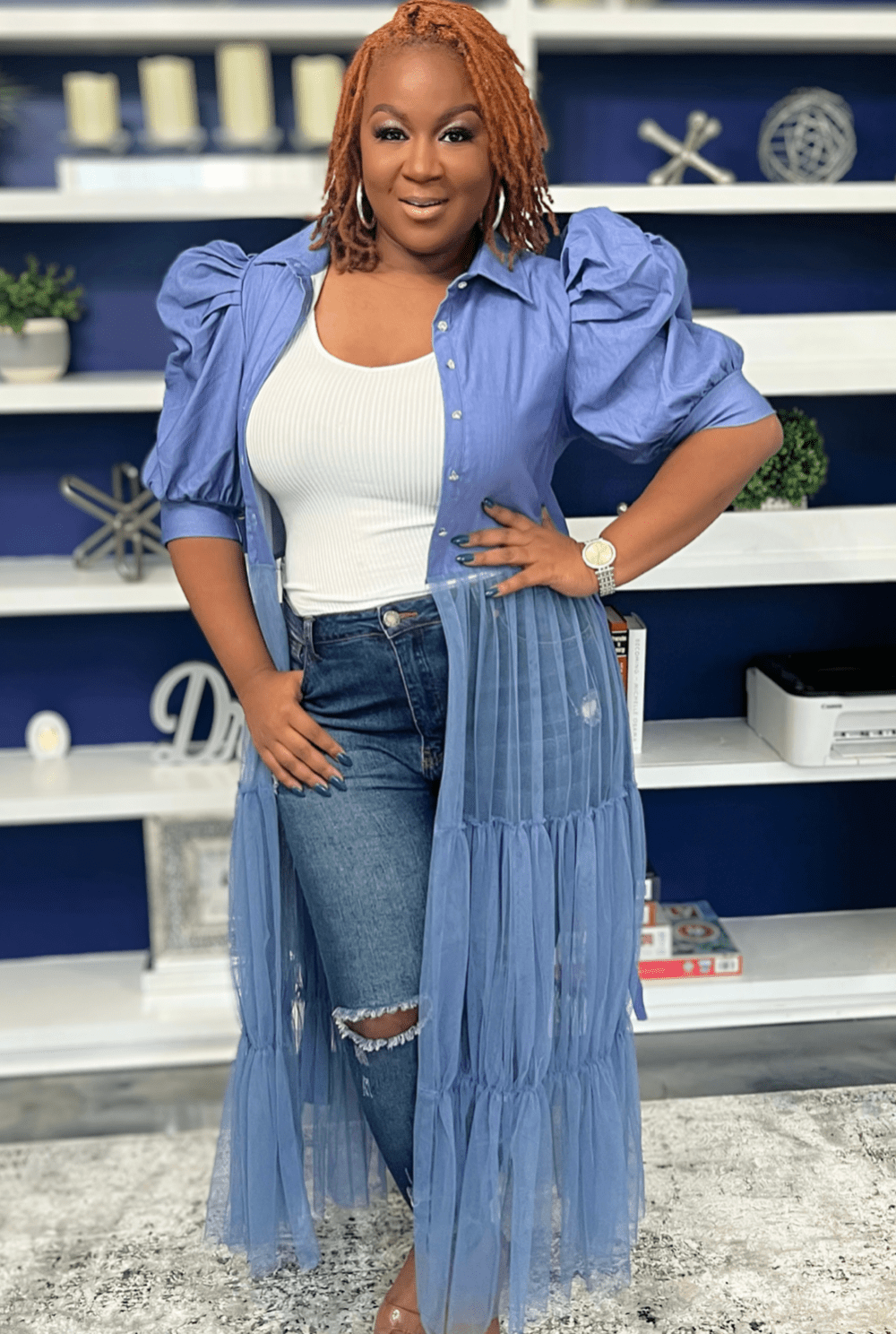 Monica’s Mesh Denim Dress Duster Top